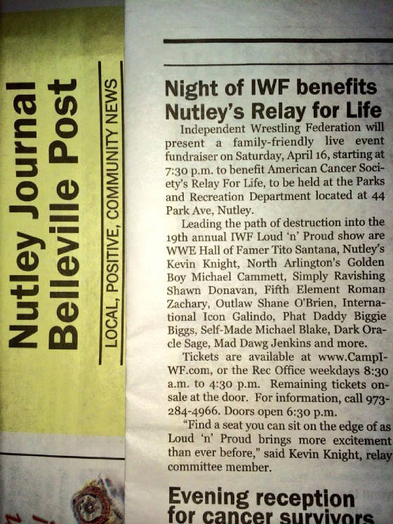 IWF Wrestling Fundraiser Previewed in Nutley Journal &amp; Belleville Post Newspaper (April 2016)