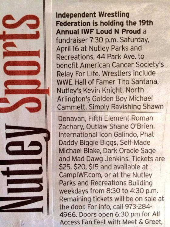 IWF Wrestling in Nutley Sun Newspaper | March 2016