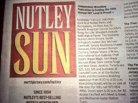 IWF Wrestling Fundraiser Previewed in Nutley Sun Newspaper (April 2016)