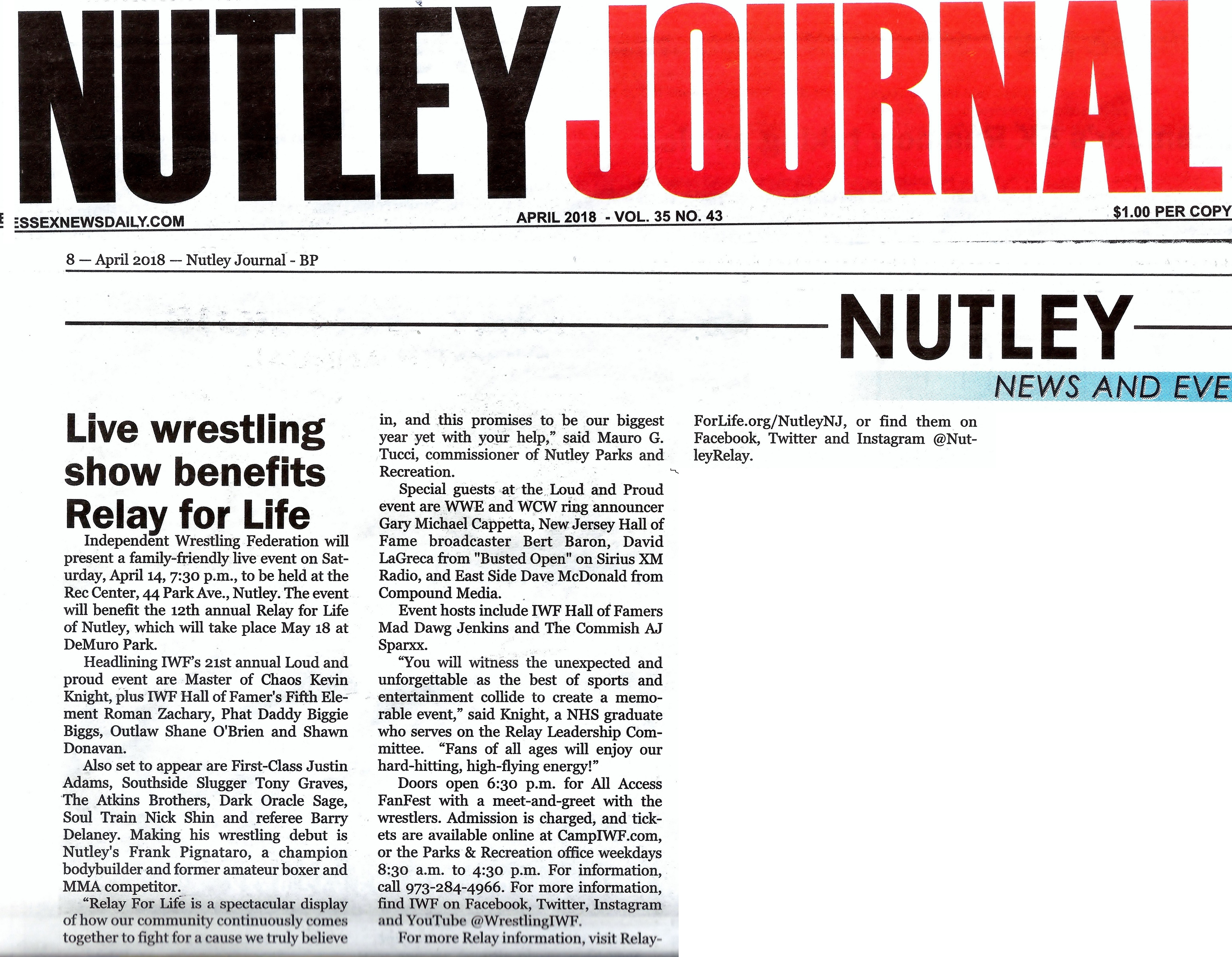 IWF in Nutley Journal Newspaper April 2018