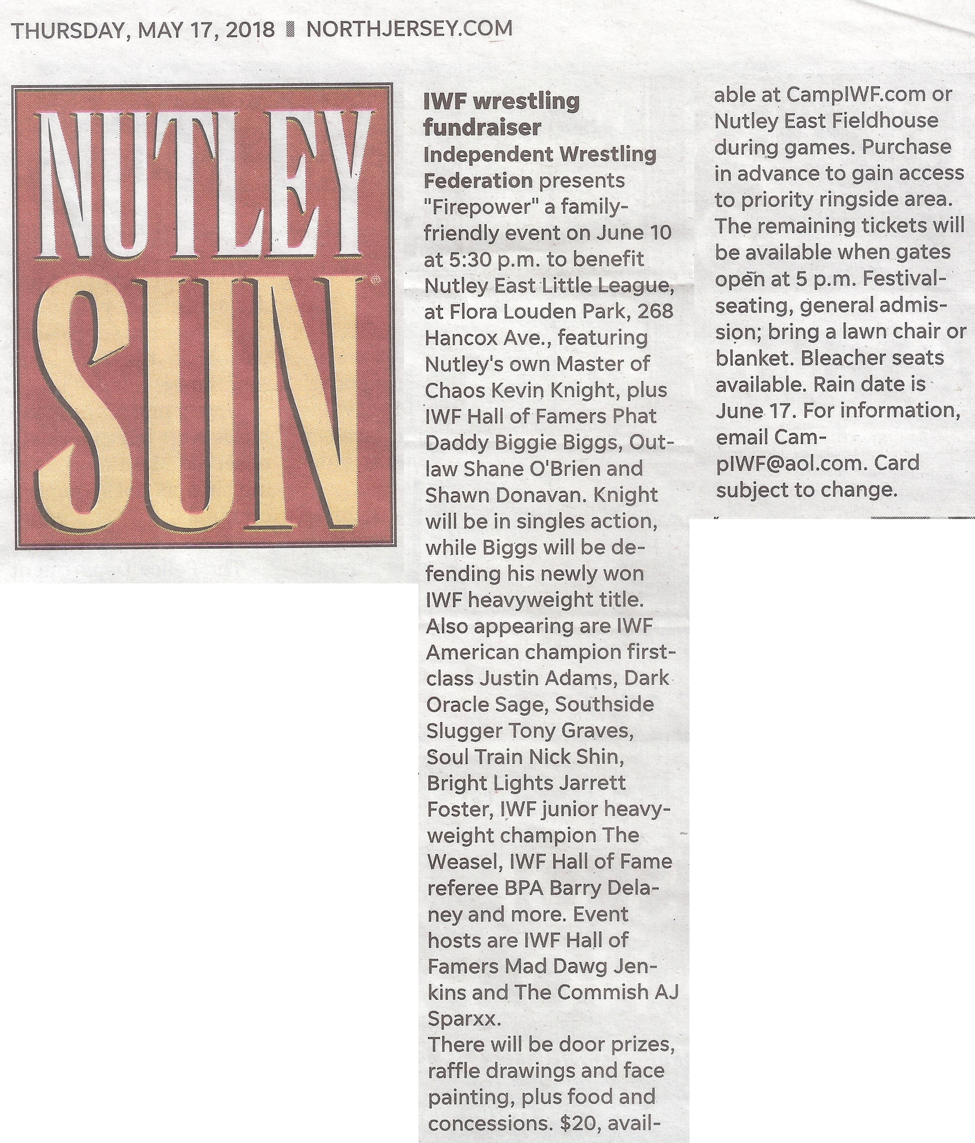 IWF in Nutley Sun May 2018